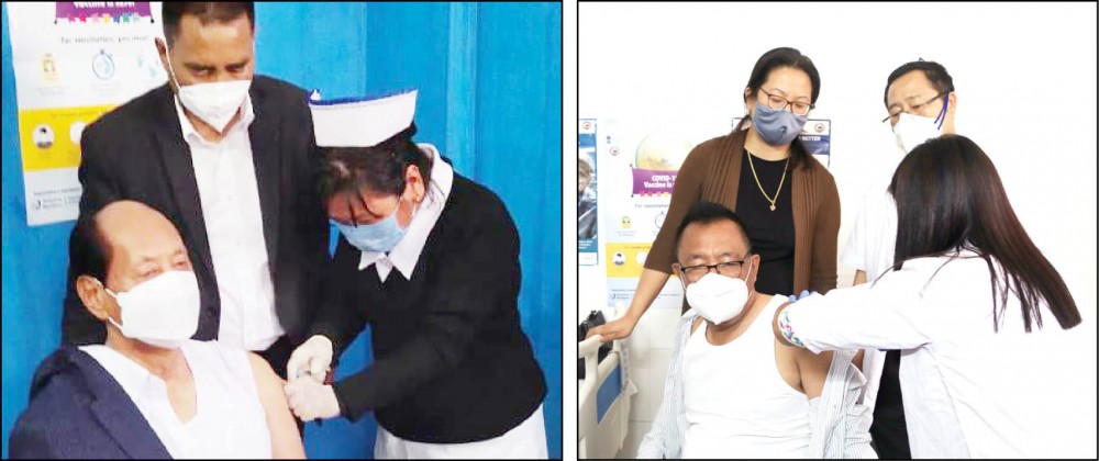 (Left) Nagaland Chief Minister Neiphiu Rio gets COVID-19 vaccine in Kohima on March 3. (RIght) Minister S Pangnyu Phom receiving the first dose of vaccine at Dimapur District Hospital on March 3. (Morung Photo)